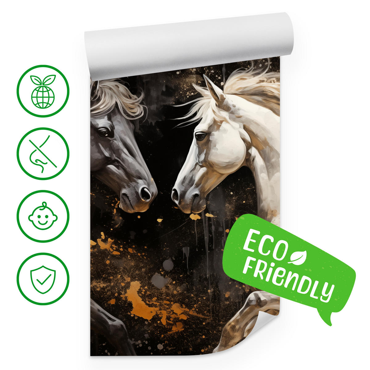 FOTOTAPETE für Büro Schwarz-Weiß Pferd Aquarell Goldakzente Eleganz 450x315 - Beige/Schwarz, Papier (450/315cm) - Muralo