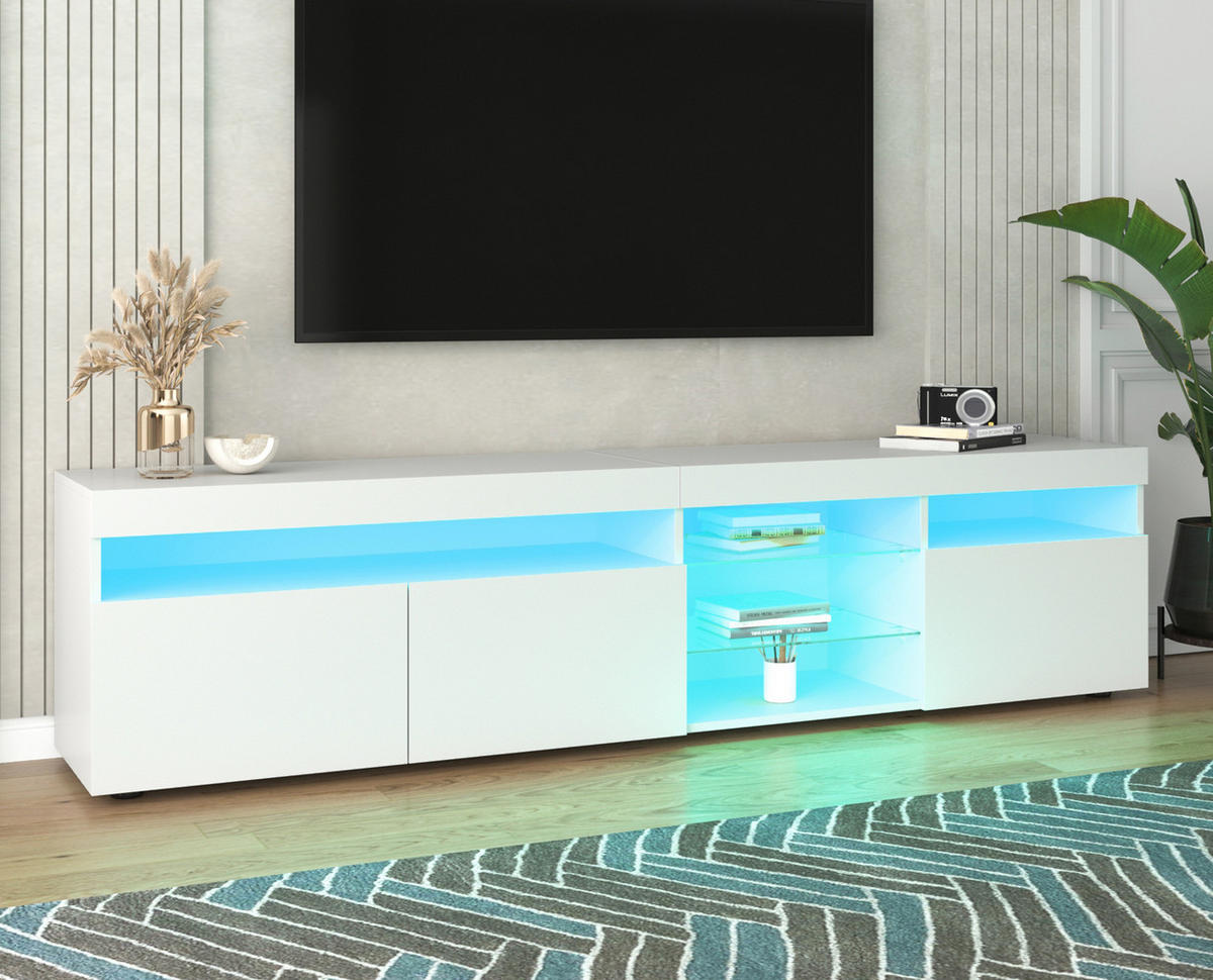 TV-SCHRANK 180/35/48 cm weiß MDF mit variabler LED-Beleuchtung und Glaseinlagen - Weiß, Holzwerkstoff (180/48/35cm) - OKWISH