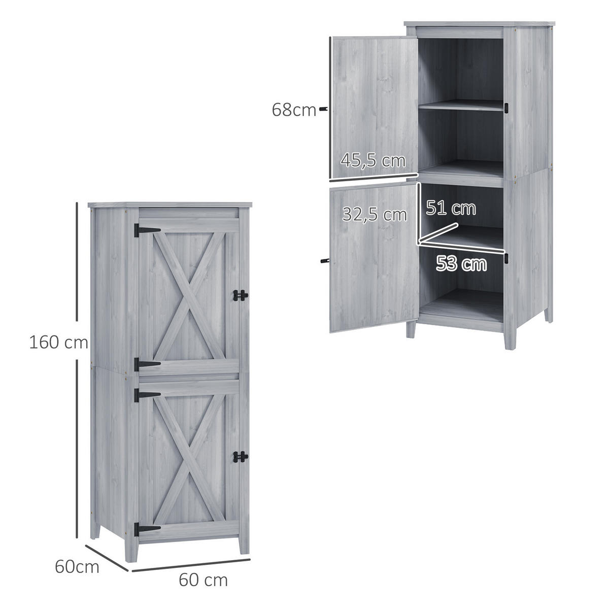GARTENSCHRANK aus Tannenholz 60x60x160 cm in Hellgrau mit 2 herausnehmbaren Regalen - Hellgrau, Holz (60/160/60cm) - Modfu