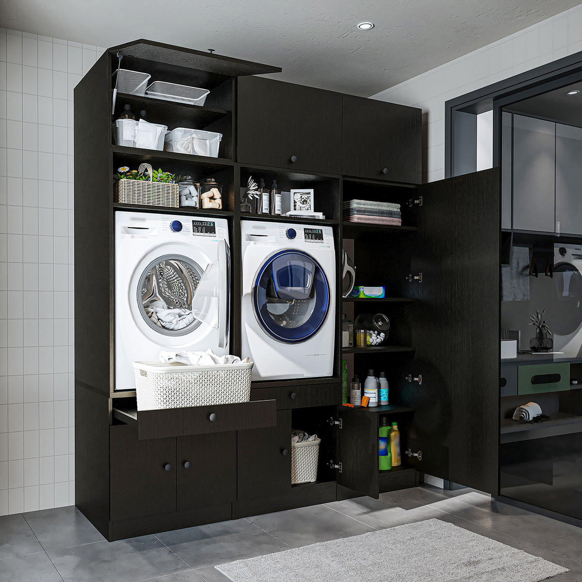 WASCHMASCHINENSCHRANK Serie 1 194cm Breit, 230cm Hoch - Schwarz, Holzwerkstoff (194/230/67cm)
