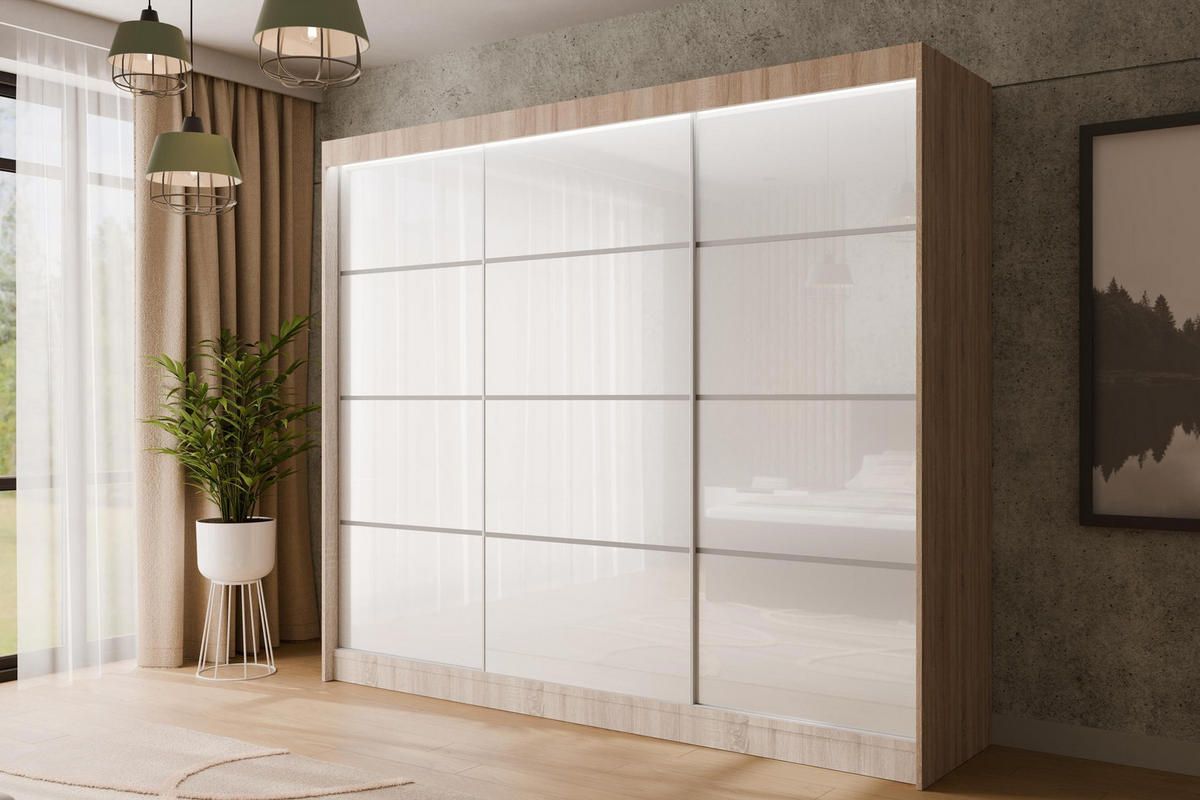 KLEIDERSCHRANK PEKA III mit LED - 250 cm - Sonoma Eiche|Weiß - Weiß/Sonoma Eiche, Holzwerkstoff (250/215/61cm) - ALTDECOR