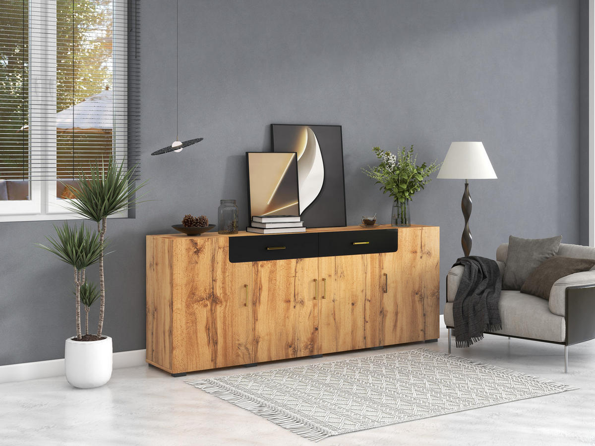 SIDEBOARD 208/39,5/80 cm, 2 Schubladen und 4 Türen, braun/weiß-marmoriertes Design, Spanplatte/MDF, braun/weiß - Braun, Holzwerkstoff (208/80/39.5cm) - Redom