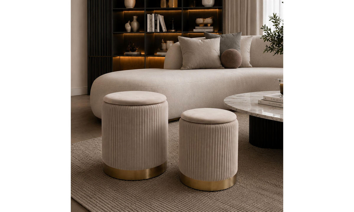 HOCKER-SET GEMINI 37/37/42 cm Beige - Beige/Goldfarben, Textil/Metall (37/42/37cm) - Lookway
