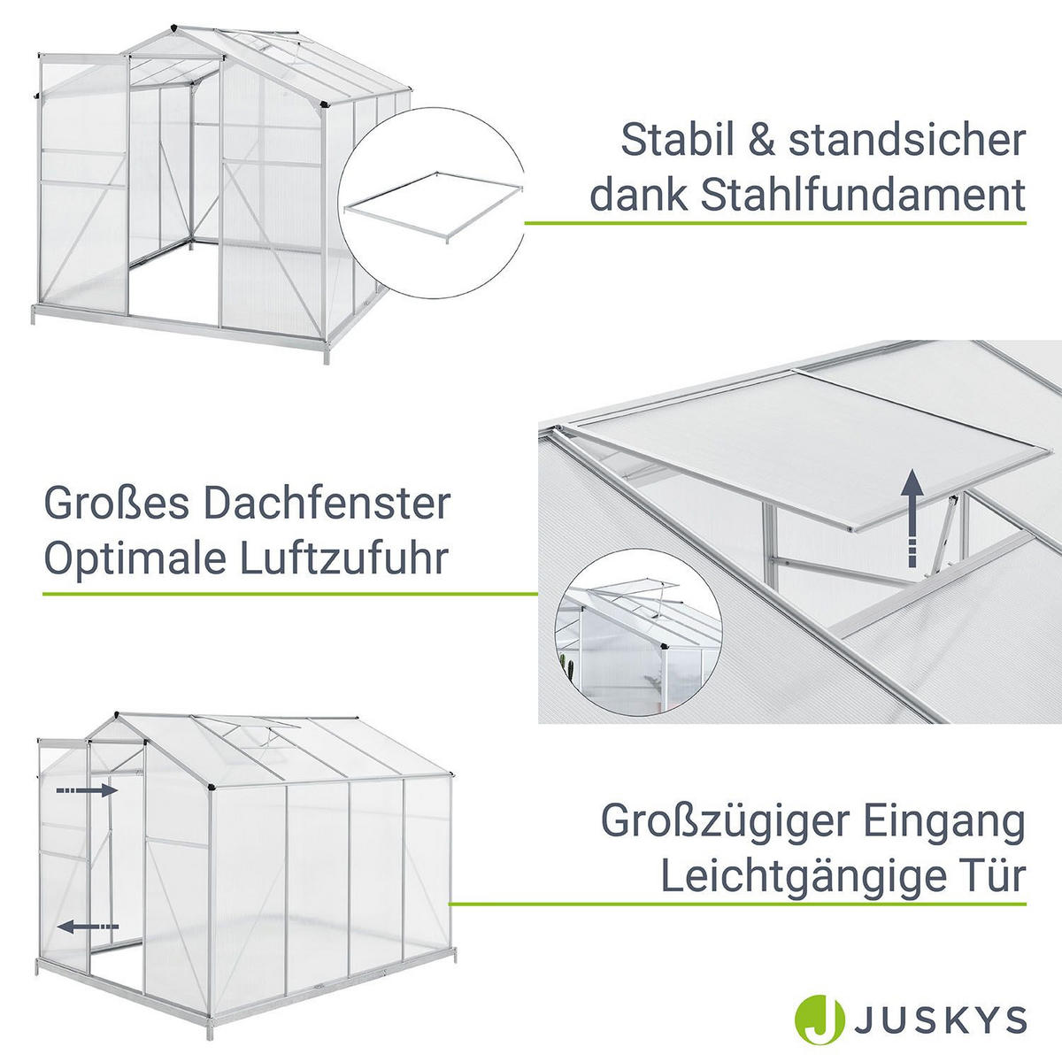 GEWÄCHSHAUS GH250F1 Aluminium 4,75m² - Silberfarben, Metall (190/195/253cm) - Juskys