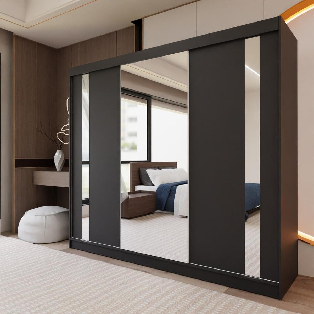 SCHWEBETÜRENSCHRANK Gaja 240/216/61 schwarz mit Spiegel und Schubladen - Schwarz, Holzwerkstoff (240/216/61cm) - Beautysofa