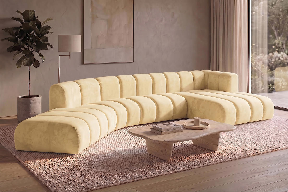 ECKSOFA Modulares In L-Form, Velvet-Stoff Riviera, Buttergelb, Rechts, GRAND Round - Hellgelb, Holz (445/179cm) - Kaiser Möbel