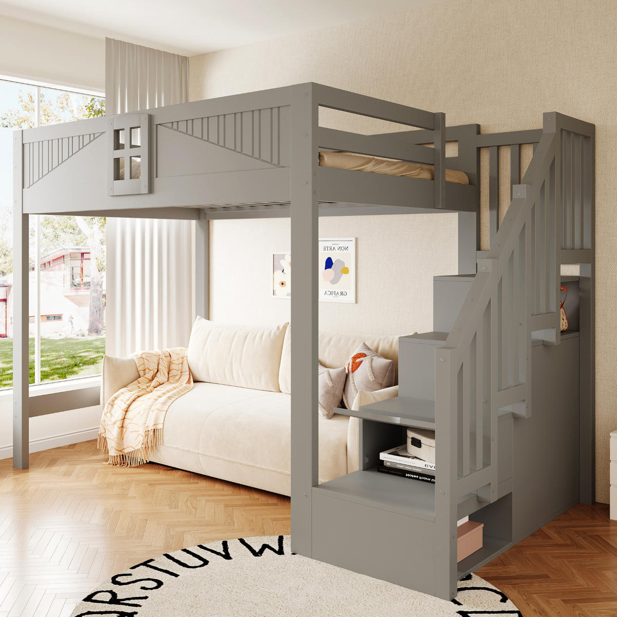 HOCHBETT aus Holz 140x200 cm Grau mit Sicherheitsgeländer, Stauraum und beidseitig montierbarer Leiter - Grau, Holz (140/200cm) - Modfu