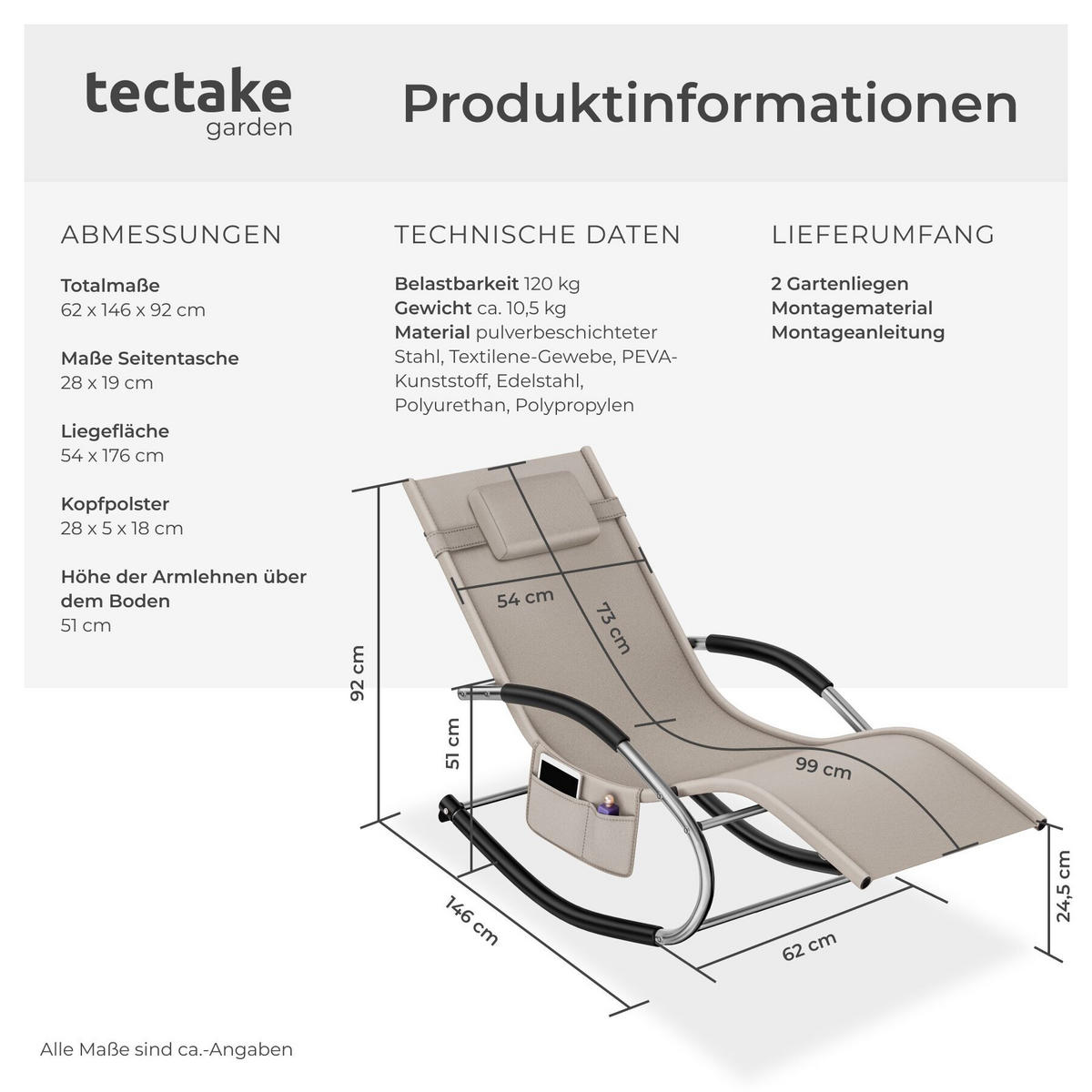 GARTENLIEGE Taya, abnehmbares Kopfpolster, seitliche Aufbewahrungstasche, beige - Beige, Kunststoff (62/92/142cm) - tectake