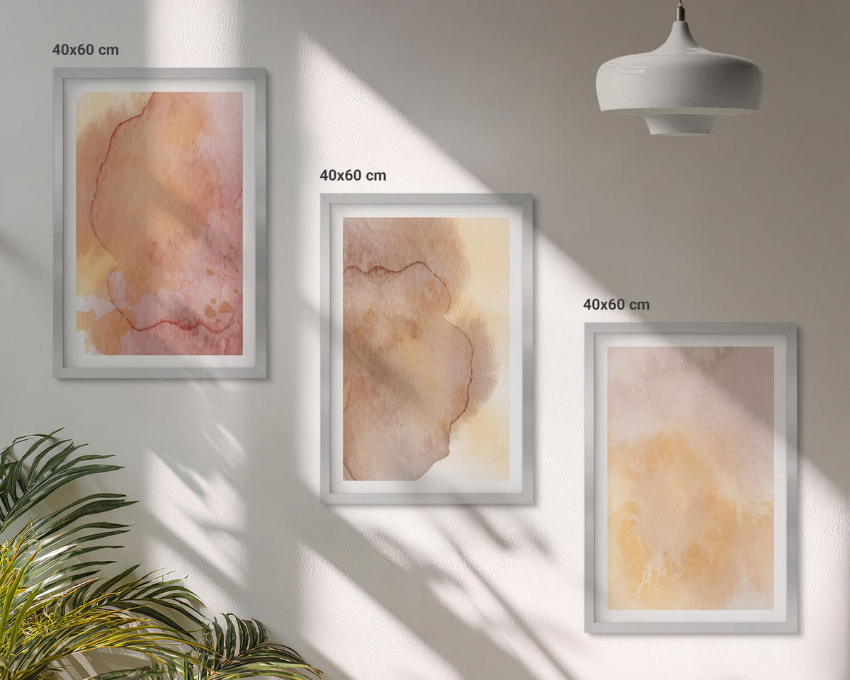 WANDBILDER 3er Set - 40x60 cm Silberner Rahmen - Warme, farbenfrohe Aquarelltexturen - Silberfarben, Kunststoff (40/60cm) - ArtPrintCave