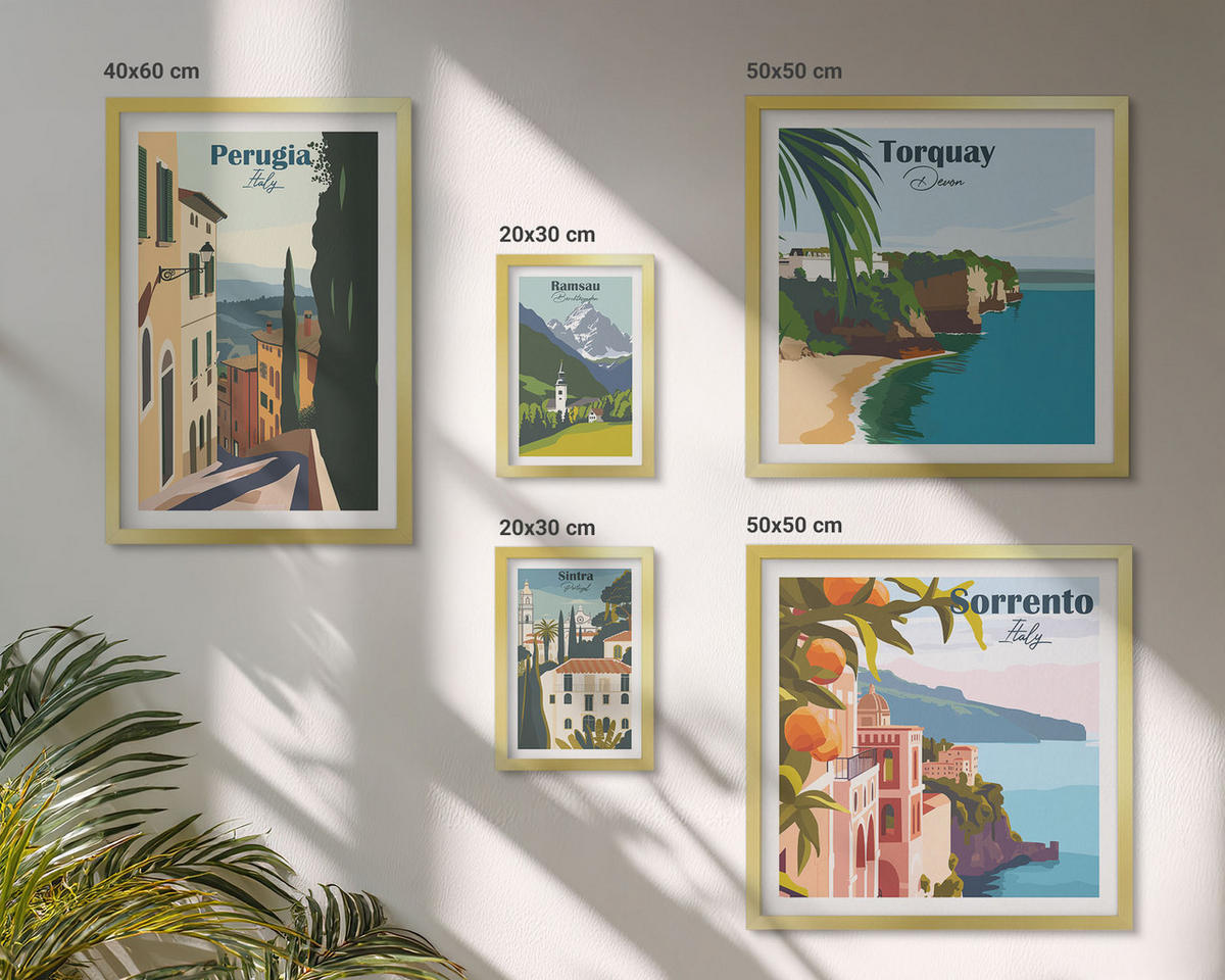 BILDER SET 5er Set - 50x50 cm & 20x30 cm & 40x60 cm Goldrahmen - Ansichten europäischer Häfen - Goldfarben, Kunststoff (40/60cm) - TULUP