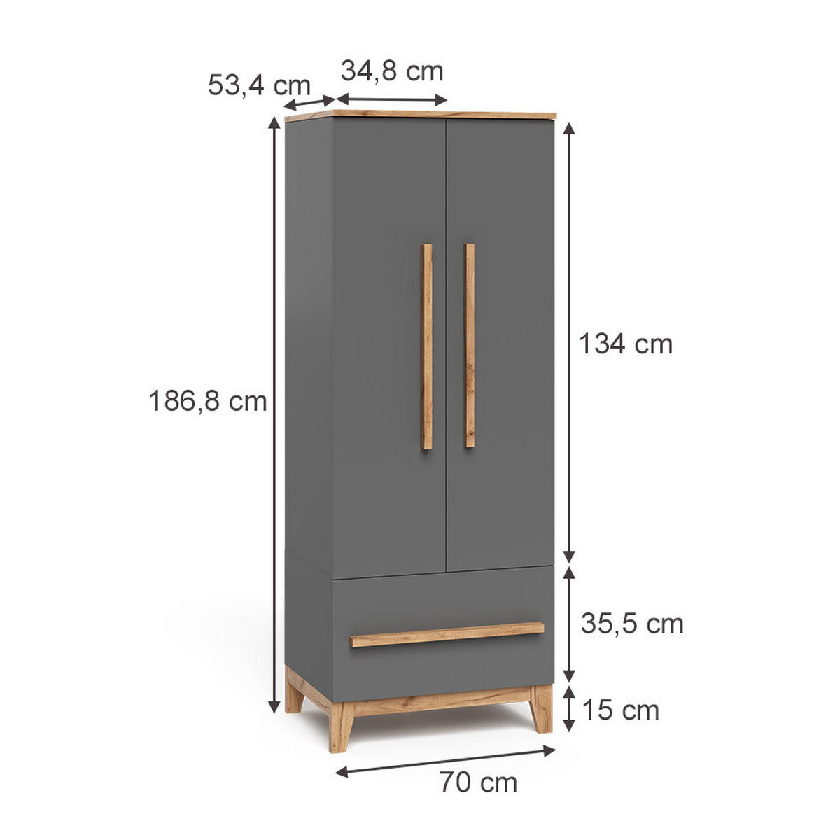 KINDERKLEIDERSCHRANK Malia Grau/Artisan 70 x 186.8 cm - Grau, Holzwerkstoff (70/186.8/53.4cm) - VitaliSpa