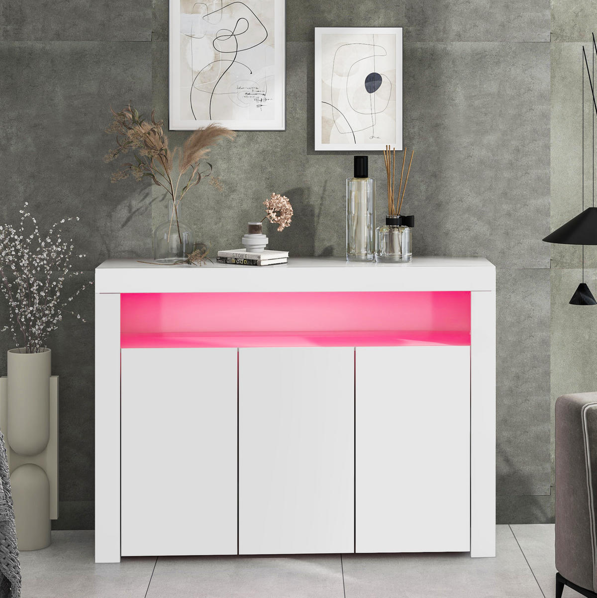 KOMODA z dřevotřísky 130x35x95 cm bílá s LED osvětlením, 3 dvířky a otevřenými policemi ve vysokém lesku - bílá, kompozitní dřevo (130/95/35cm) - Modfu
