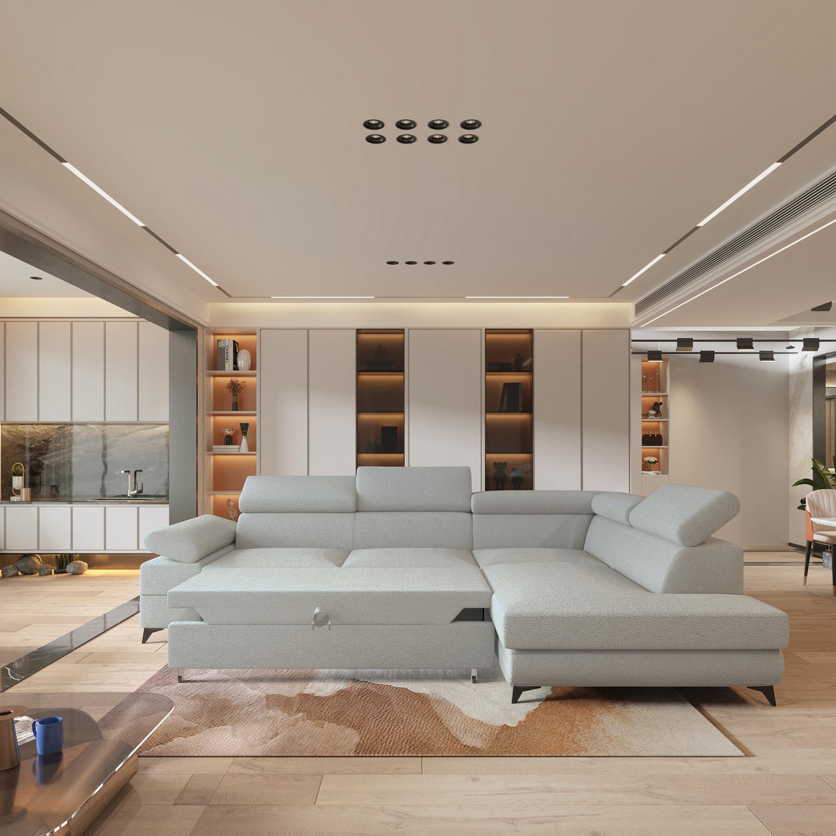 ECKSOFA FAVIEN R-S Hellgrau Boucle-Stoff mit Schlaffunktion - Hellgrau, Holz (257/190cm) - MASSENO