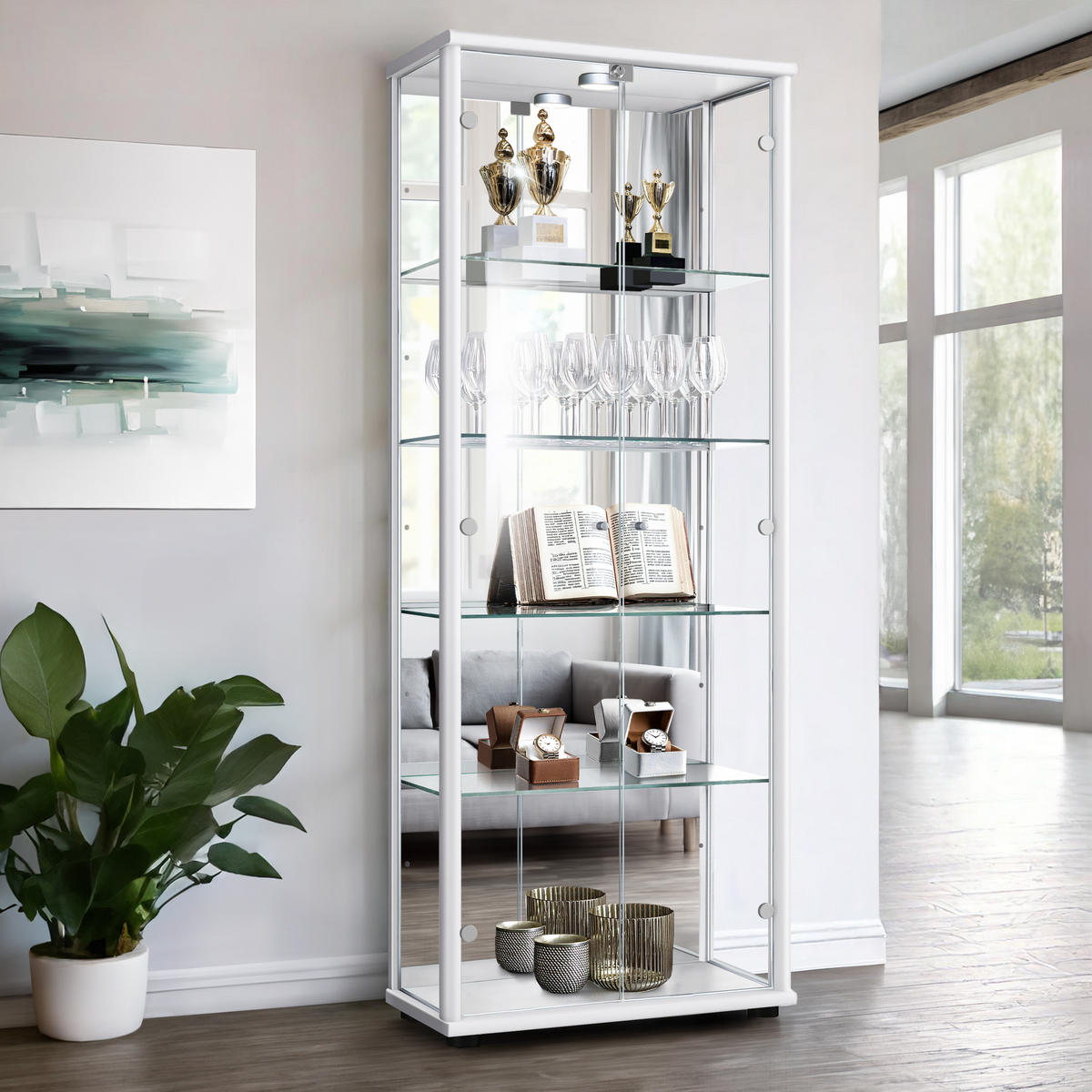 GLASVITRINE 33/67/176 cm mit Spiegel, LED, Schloss & 4 höhenverstellbaren Glasböden - Transparent/Silberfarben, Glas/Holzwerkstoff (67/176/33cm) - K-Möbel