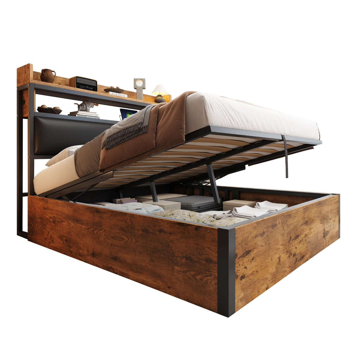 POLSTERBETT 180/200 cm schwarz aus Metall und Holz mit Hydraulik-Stauraum und USB - Schwarz, Metall (180/200cm) - OKWISH