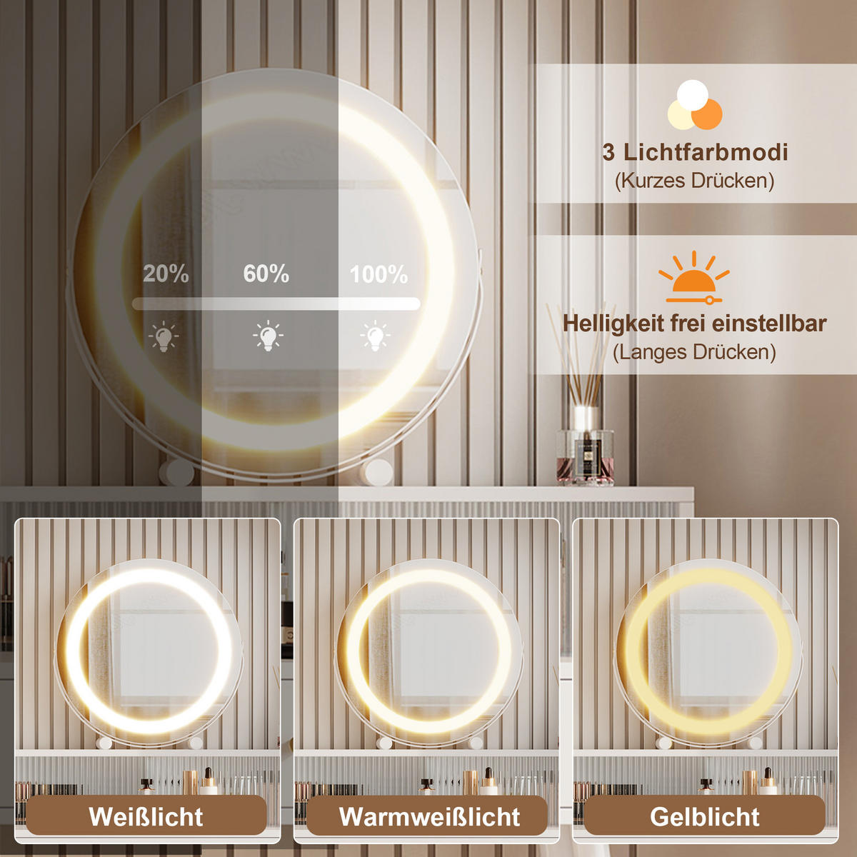 SCHMINKTISCH LED Spiegel USB Type C Glasplatte Weiß - Weiß, Glas (140/140/40cm) - FLIEKS