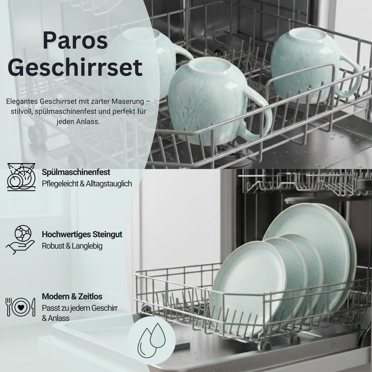 KOMBISERVICE PAROS - 16 teilig aus Steingut - Türkis, Stein (27/27/27cm) - Sänger