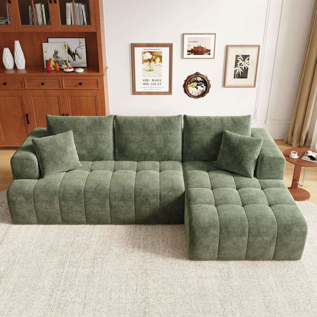 4MÍSTNÁ ROHOVÁ SEDAČKA z chenille látky v zelené barvě s polštářem - zelená barva, textil (244.5/136cm) - WISHDOR