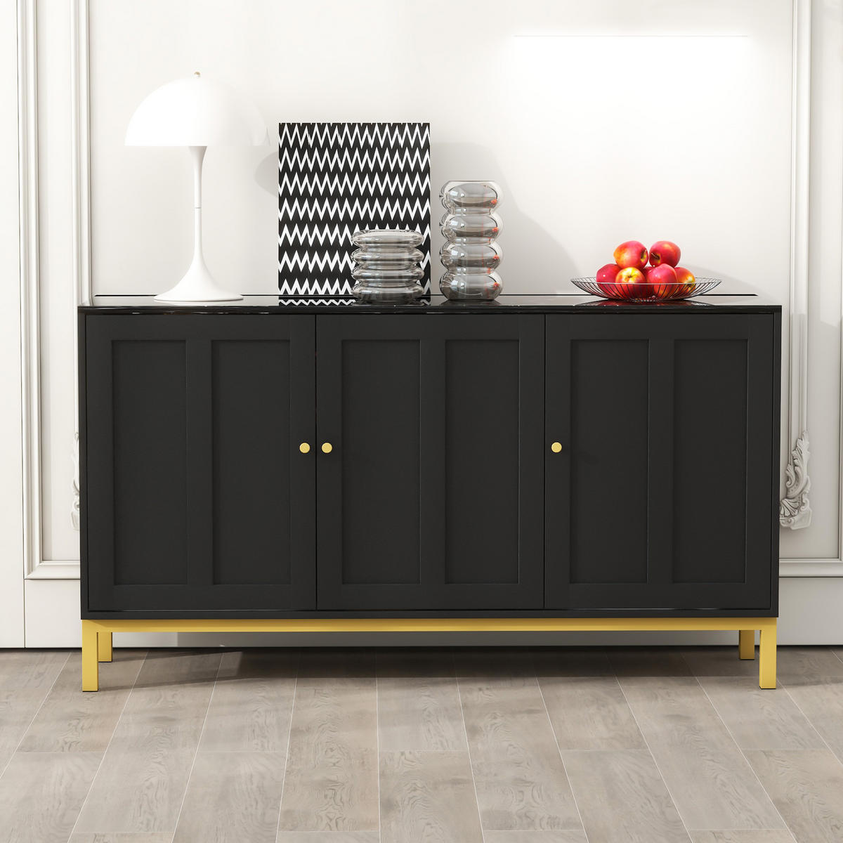 SIDEBOARD 140 cm in Weiß & Marmor-Optik 3 Türen - Schwarz, Holzwerkstoff (140/80/40cm) - Urban Meuble