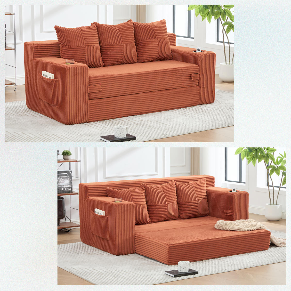 2-SITZER Bodensofa ausklappbar, Getränkehalter/Seitentaschen, Cord, Orange - Orange, Textil (172/64/87cm) - LVHOM