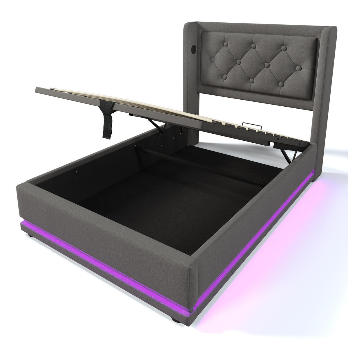 POLSTERBETT 90/200 cm Grau aus Baumwolle mit Stauraum, LED und USB-/Type-C - Grau, Textil (90/200cm) - Flora Grace