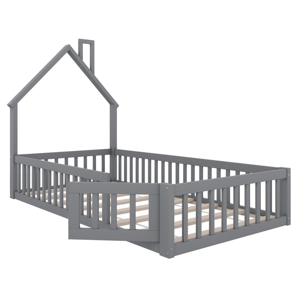 KINDERBETT 90/200 cm Grau aus Kiefernholz und MDF mit Schornsteinform - Grau, Holzwerkstoff (90/200cm) - OKMYHOME
