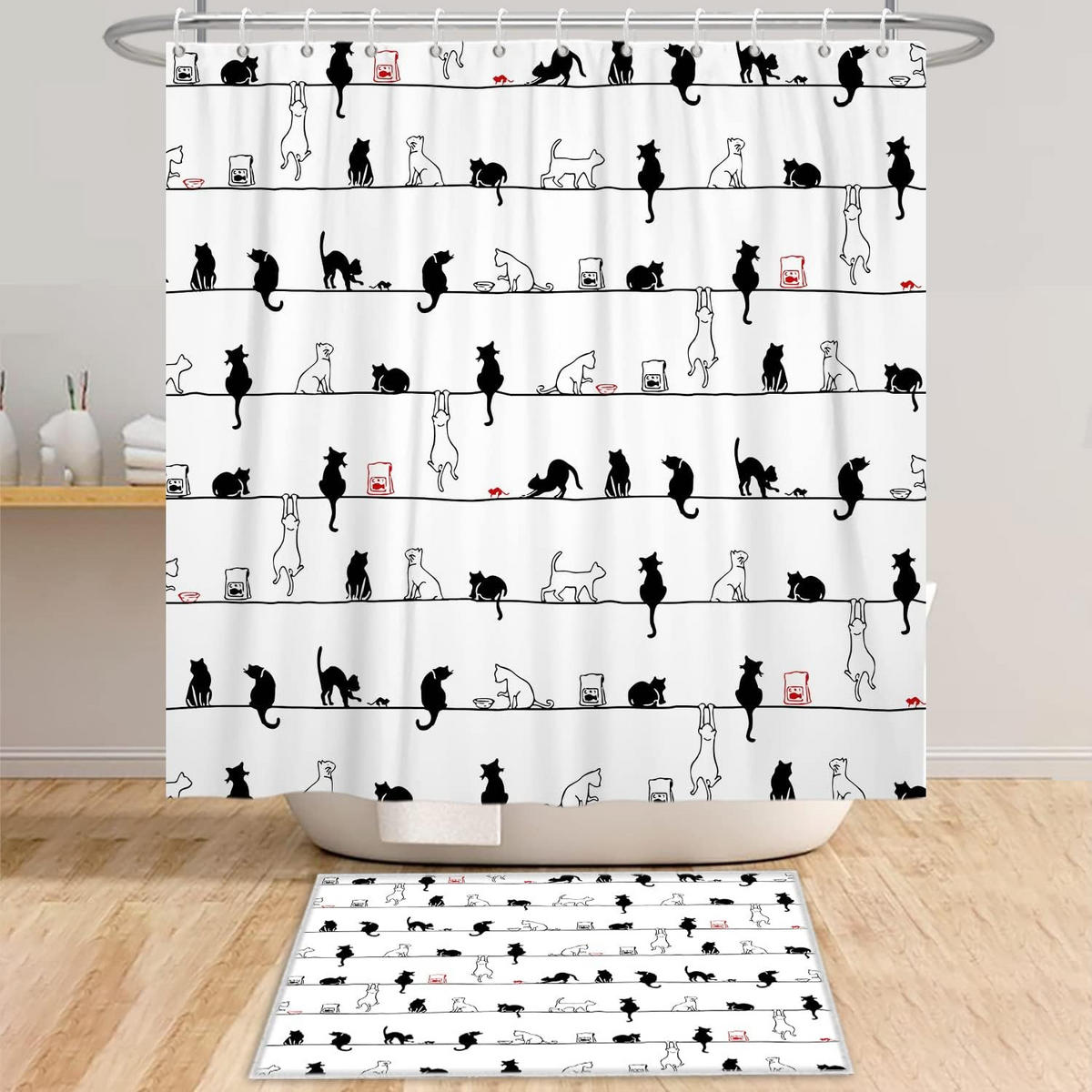 DUSCHVORHANG lustig Katze Schwarz Tier schlicht mit Haken Badezimmer - Weiß, Textil (180/180cm) - MCBOSON