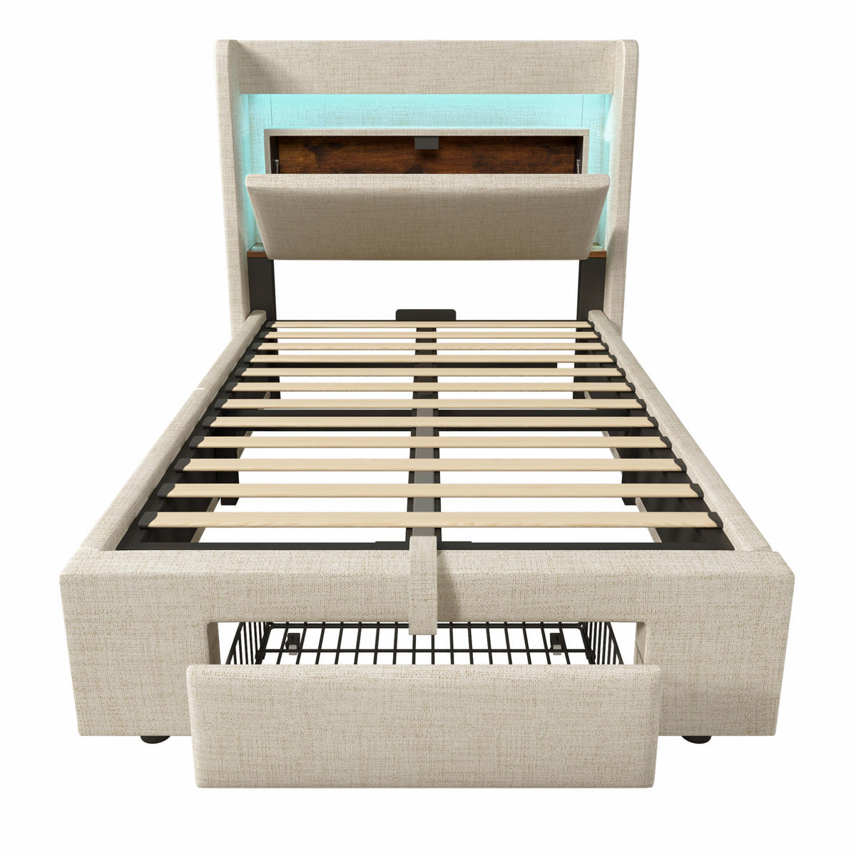 POLSTERBETT 90/200 cm beige aus Leinen mit LED Kopfteil USB und Stauraum - Beige, Textil (90/200cm) - OKWISH