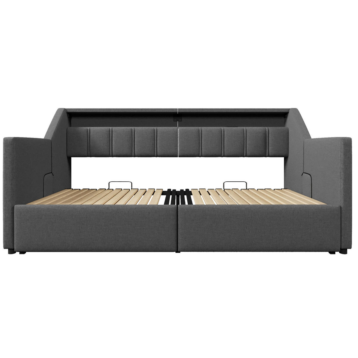 TAGESBETT 90/200 cm aus Leinen mit USB, Type-C, LED-Leiste, 2 Schubladen und Ausziehfunktion, Grau - Grau, Textil (90/200cm) - Redom