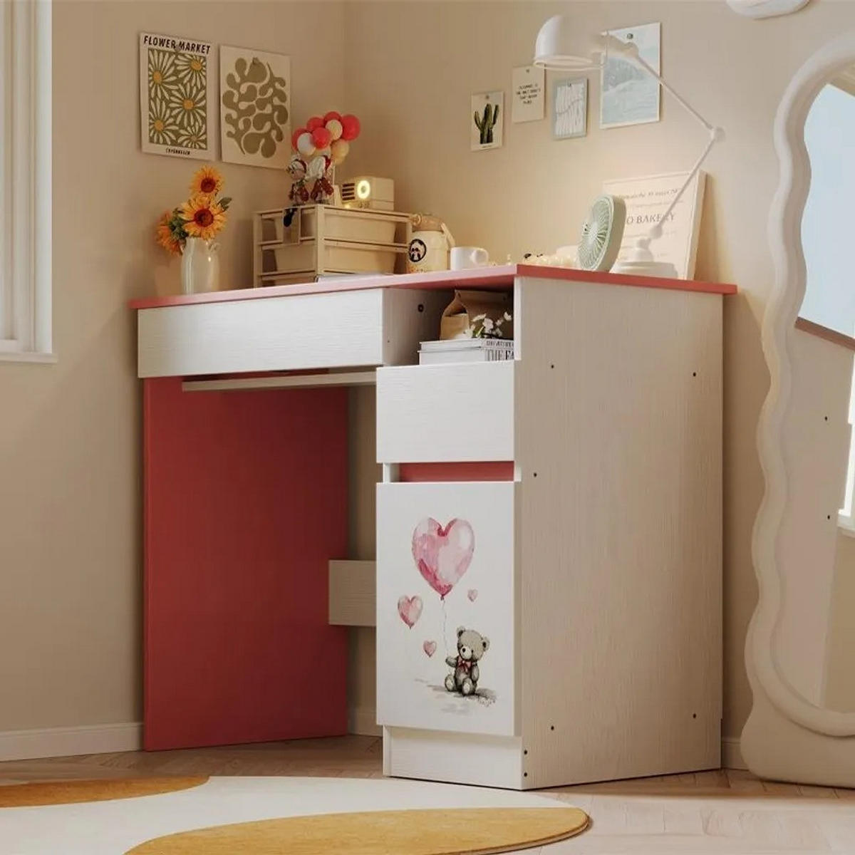 ROSA-WEISSER Kinderschreibtisch (90 cm) mit Teddybär und Stauraum - Hellrosa/Weiß, Holzwerkstoff (90/76/50cm)