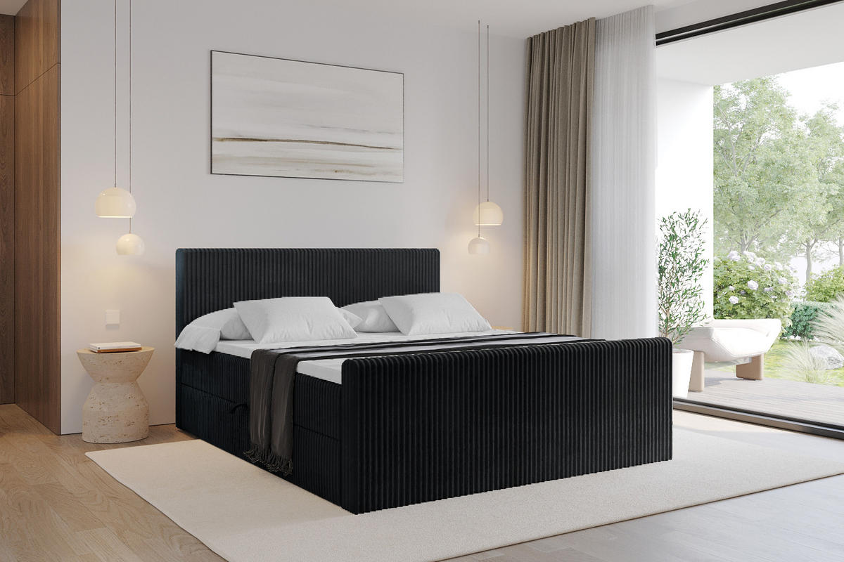 BOXBETT mit Matratze H3 und Lattenrost - TOLO-Z - 140x200 Cord - Schwarz - Schwarz, Holzwerkstoff (140/200cm) - ALTDECOR