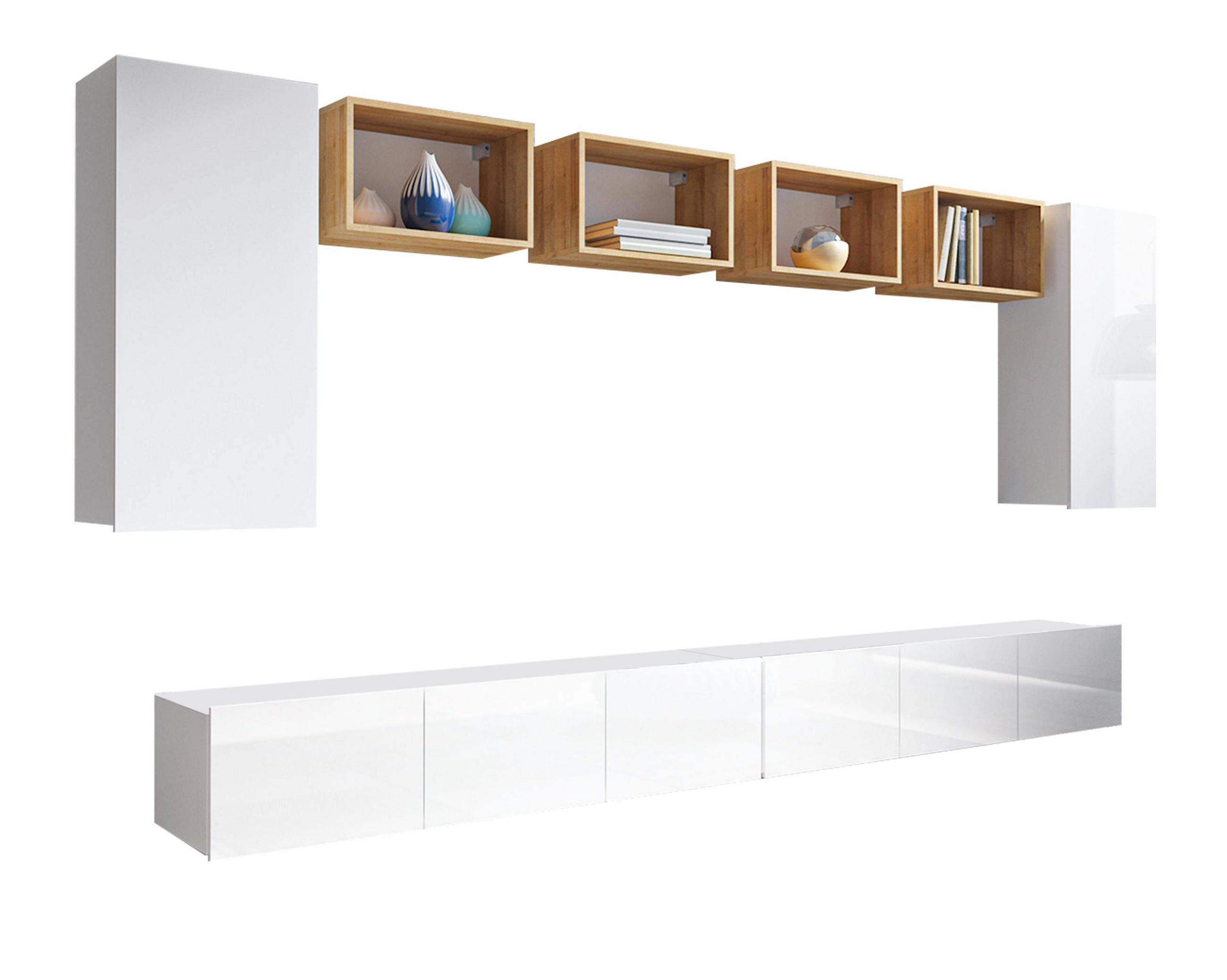 WOHNWAND Kossana 35 Modern Goldene Eiche/Weiß 300/154/43 cm TV Möbel - Weiß, Holzwerkstoff/Kunststoff (300/158/43cm) - AX Living