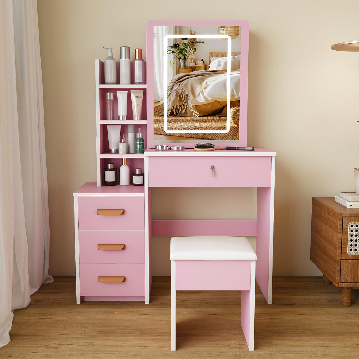 TOALETNÍ STOLEK v růžové barvě se zrcadlem, zásuvkami a osvětlením do ložnice, Š85/V130/H36 cm - růžová, kompozitní dřevo (85/130/36cm) - STILVORA