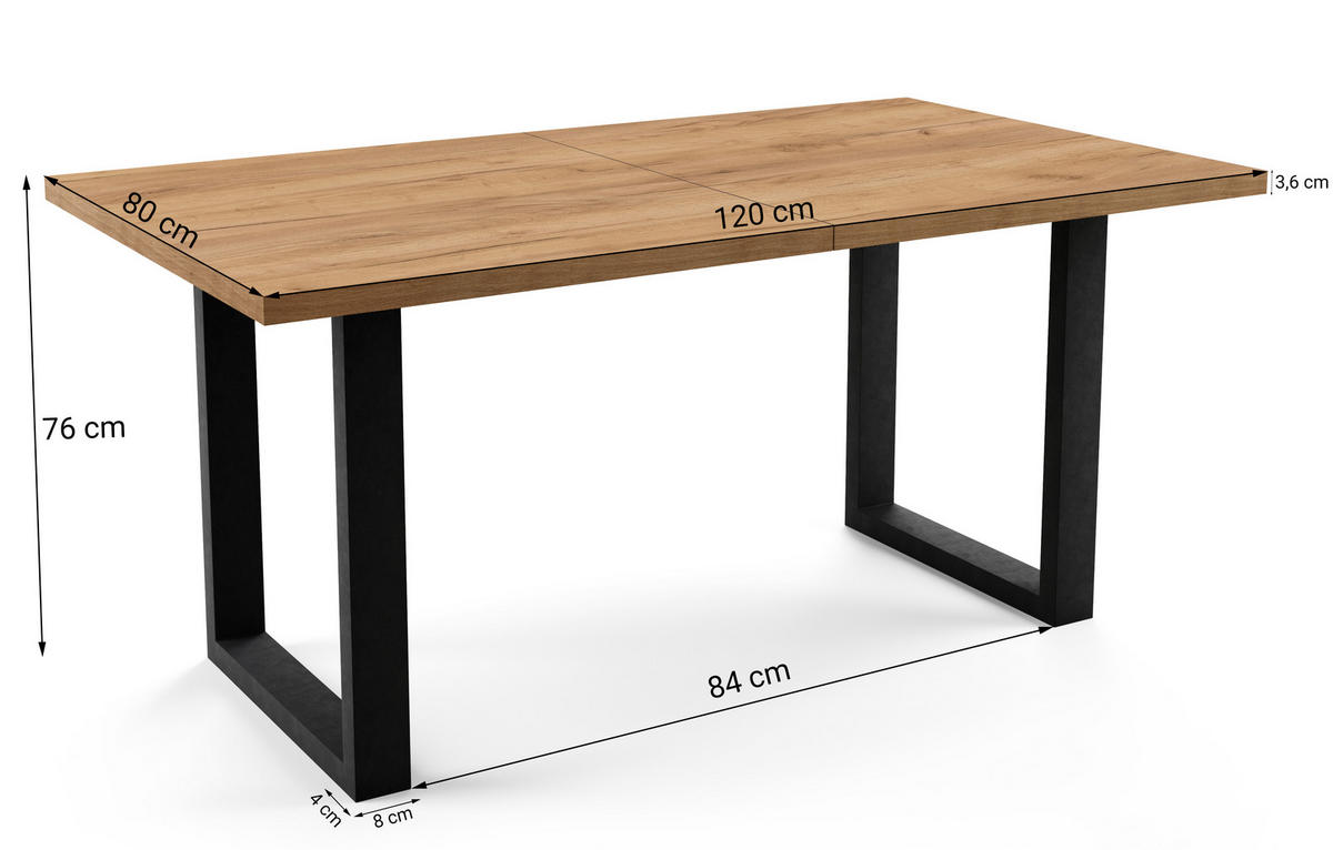 ESSTISCH rechteckiger, ausziehbarer LOFFTI, mit Metallbeinen, Loft-Stil, Industriel, skandinavisch: 80x120/220 cm. Farbe: Eiche Lefkas/Schwarz - Dunkelbraun, Metall (120/80/76cm) - Dekori_Interiors