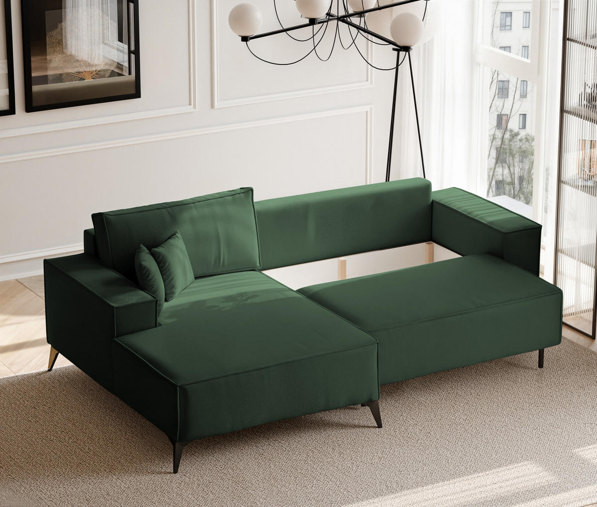 ECKSOFA OTIS Links, mit Schlaffunktion und Bettkasten, Grün - Grün, Textil/Metall (294/185cm) - Idohome