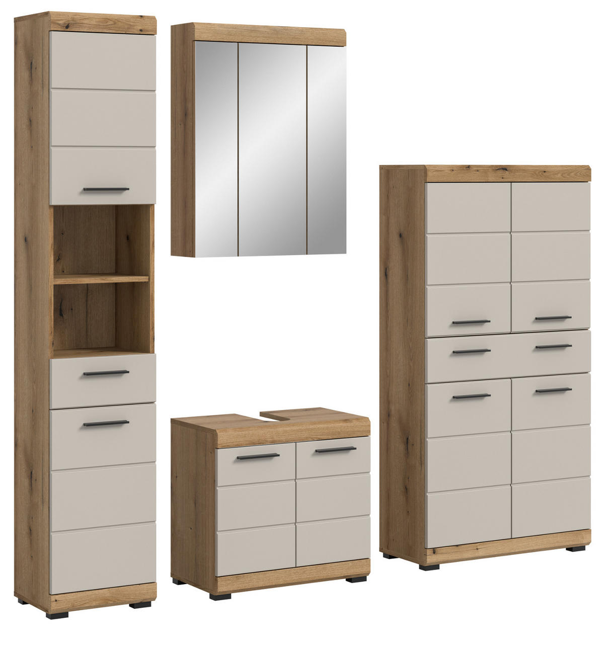 BADMÖBEL-SET Sand Kashmir, Evoke Eiche 4-teilig, Badkombination 201 cm - Kaschmir/Eichefarben, Glas/Holzwerkstoff (201/191/34cm) - Inn.Furn