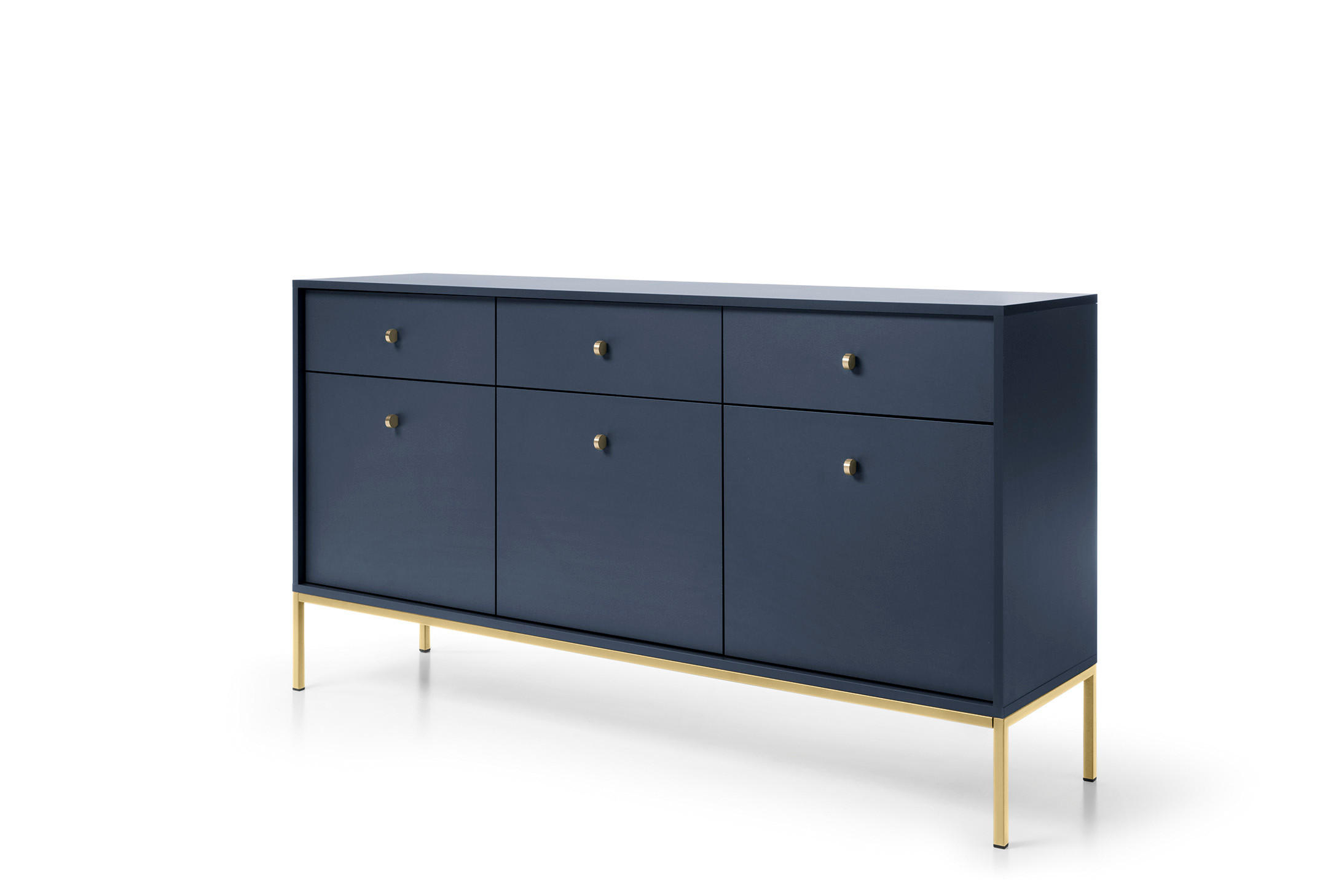 KOMMODE Molly Dunkelblau, Goldene Beine, Dreitürige mit Schubladen - Goldfarben/Dunkelblau, Holzwerkstoff/Metall (154/83/39cm) - Bettso