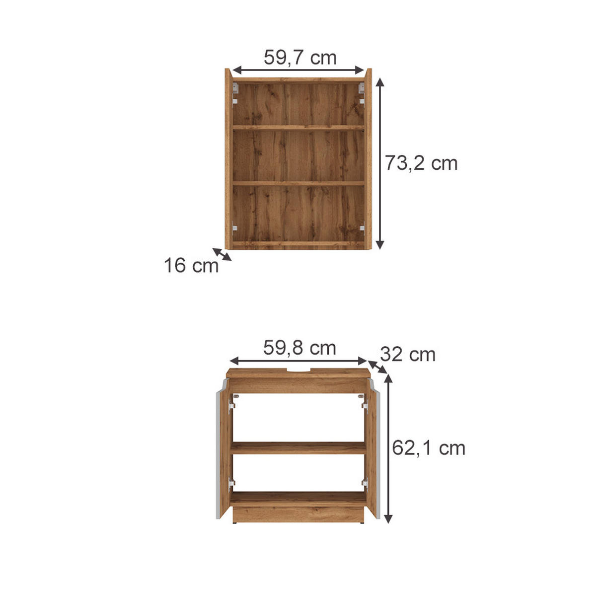 BADMÖBEL-SET Lotta Eiche/grau gestreift 2 Teile - Eichefarben/Grau, Holzwerkstoff (59.8/62.1/32cm) - Vicco