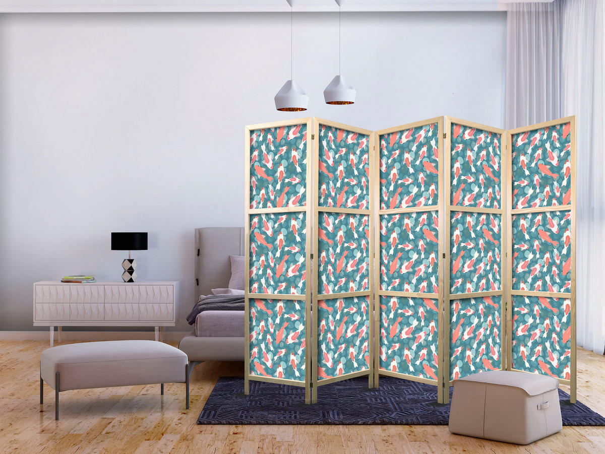PARAVENT Japanischer 5-tlg 225x172 cm Bunte Fische - Multicolor, Holz/Textil (225/172/3cm) - Muralo