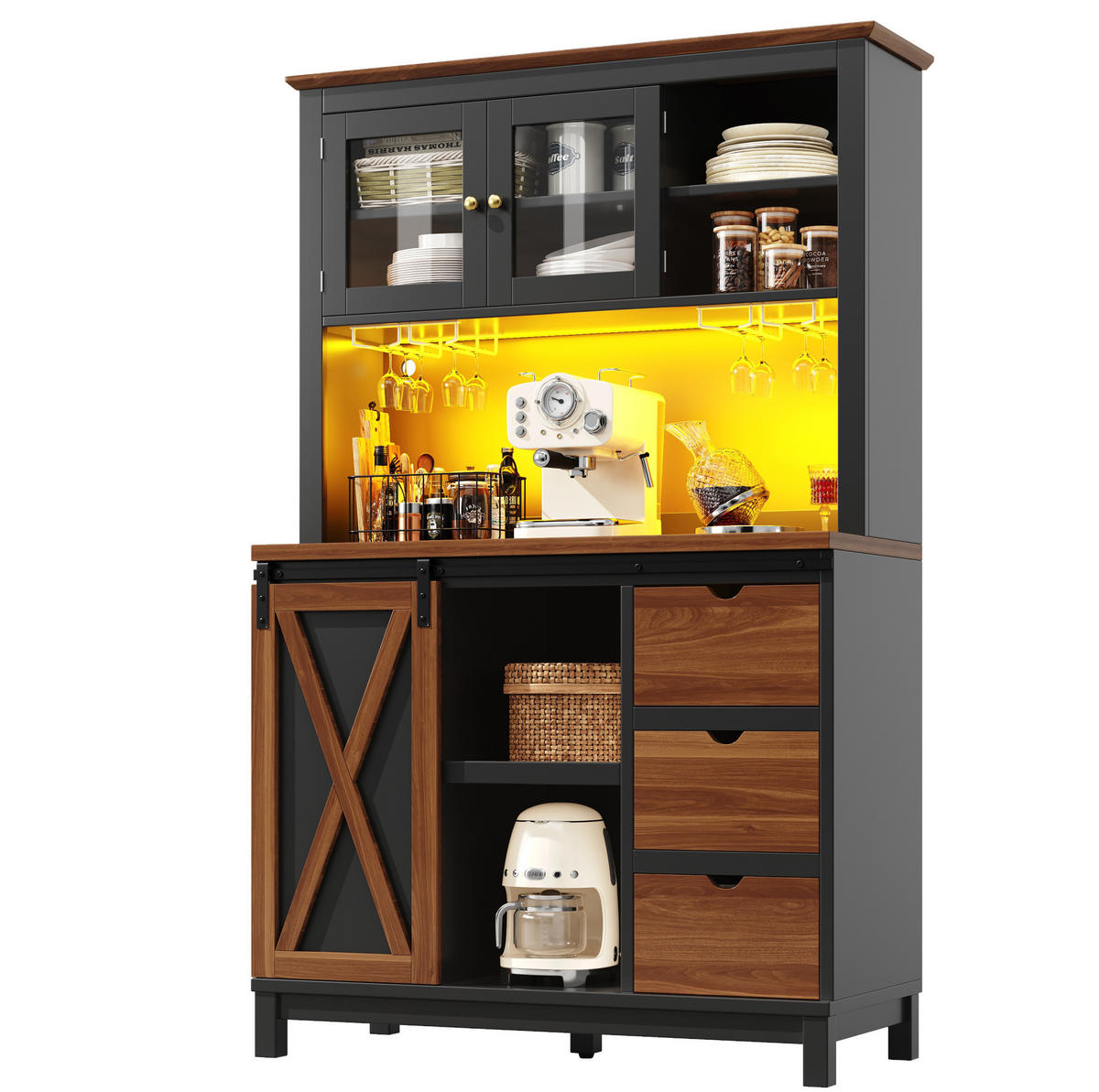 HOCHSCHRANK 104/40/180 cm mit LED-Beleuchtung, Schiebetür und verstellbaren Einlegeböden, Glasfront aus MDF/Metall, Schwarz - Schwarz, Glas (104/180/40cm) - Redom