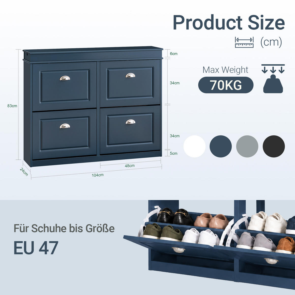 COMODĂ de intrare cu 4 sertare și spațiu pentru pantofi - albastru, compozit lemnos (104/83/24cm) - SoBuy