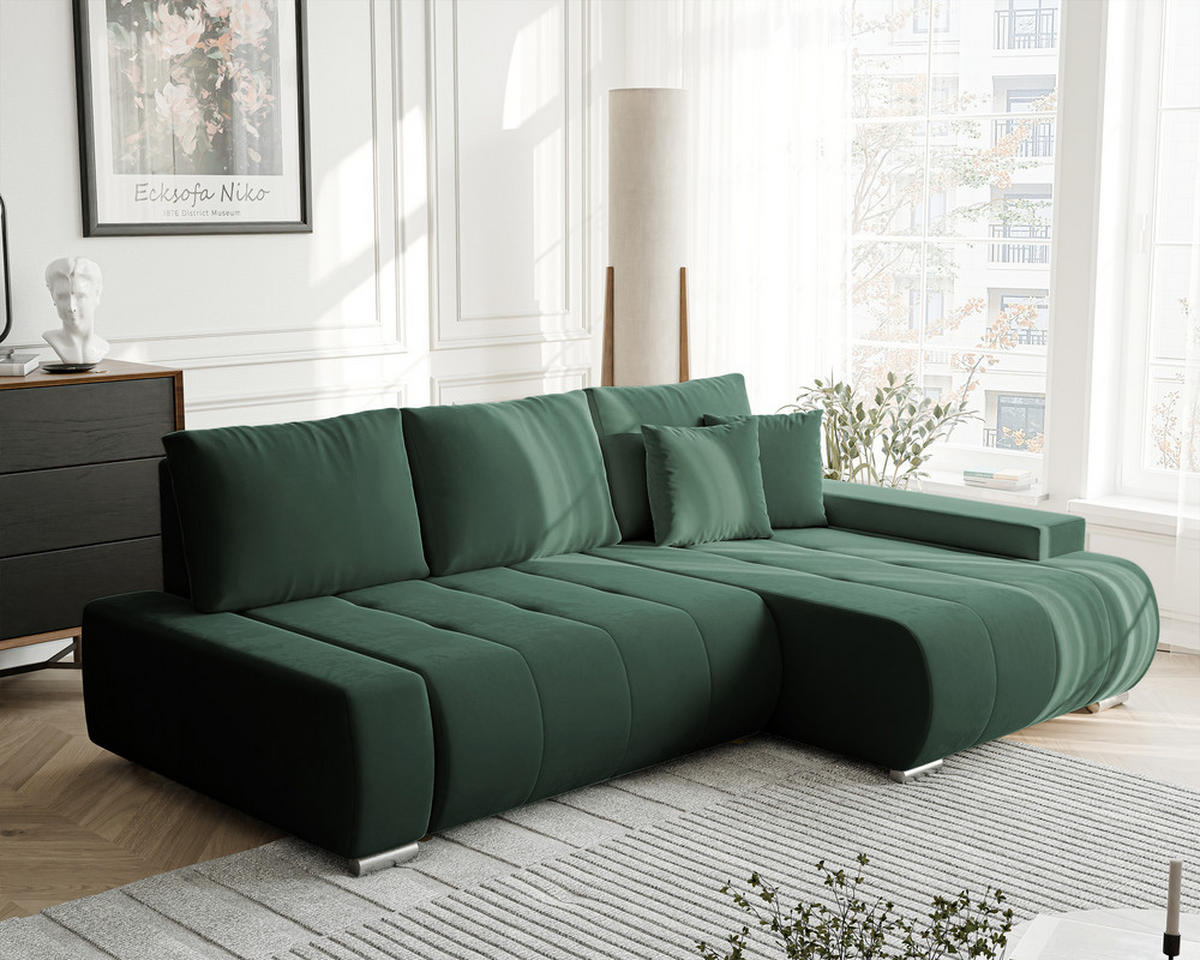 ECKSOFA NIKO Rechts, mit Schlaffunktion und Bettkasten, Grün - Grün, Textil (227/153cm) - Idohome