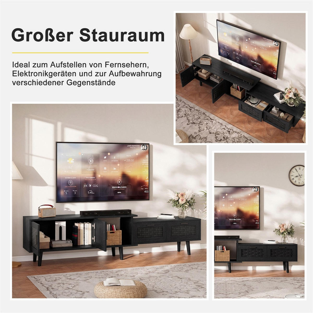 TV-LOWBOARD ausziehbar 146-180 cm mit 2 Türen und 2 Schubladen - mit Massivholzbeinen - Schwarz - Schwarz, Holzwerkstoff (29.8/44/180cm) - DELFA