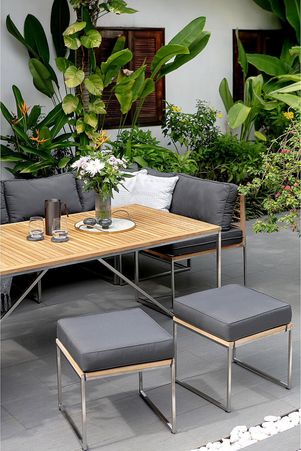 ECKMODUL - Grau / Braun - Teak / Edelstahl - Webstoff / Teak massiv - Silberfarben/Braun, Holz/Textil (70/80/70cm) - home24