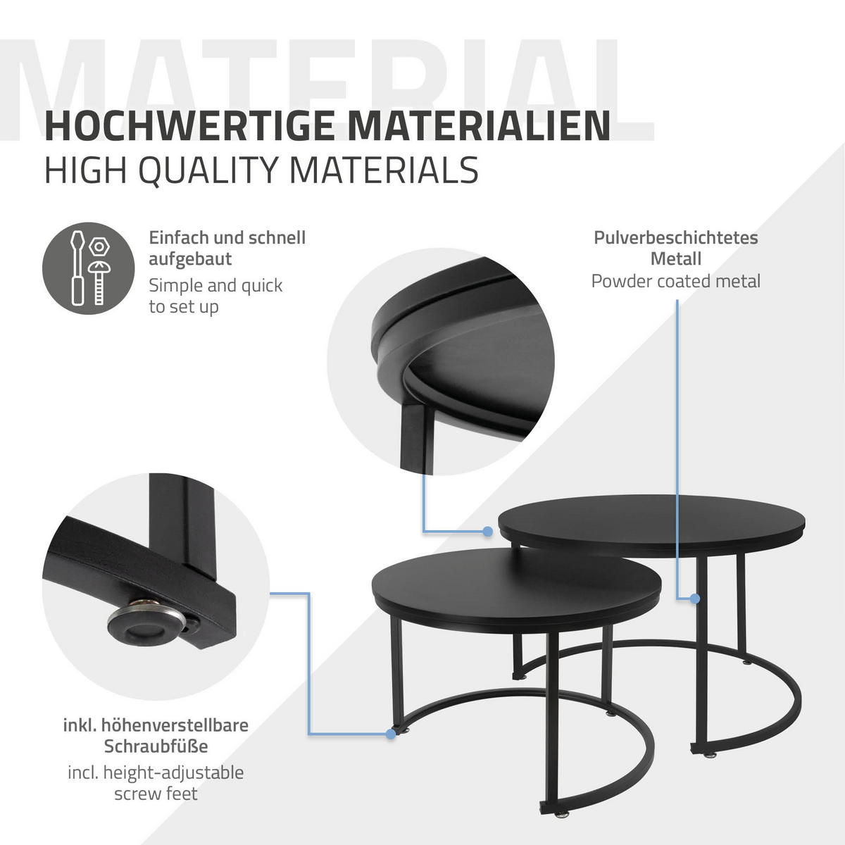 COUCHTISCH rund Schwarz 74/74/48-59/59/40 cm 2er Set - Schwarz Hochglanz, Metall (74/48/74cm) - ML-DESIGN