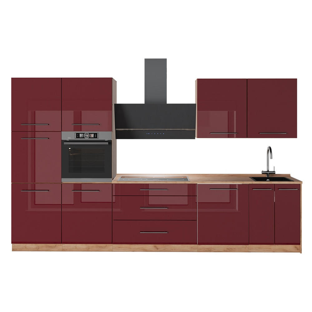 KÜCHENZEILE Fame-Line, Bordeaux Hochglanz/Goldkraft Eiche, 340 cm, AP Eiche - Honigeiche/Bordeaux, Holzwerkstoff (340/206.8/60cm) - Vicco