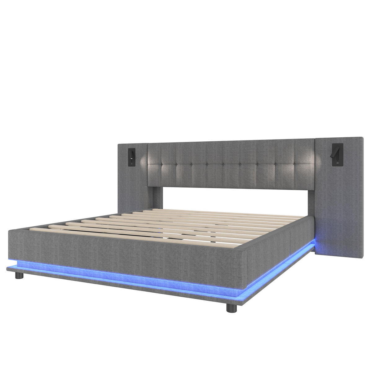 POLSTERBETT 180/200 cm Grau mit LED-Beleuchtung und USB-Anschluss aus Leinen - Grau, Textil (180/200cm) - OKWISH