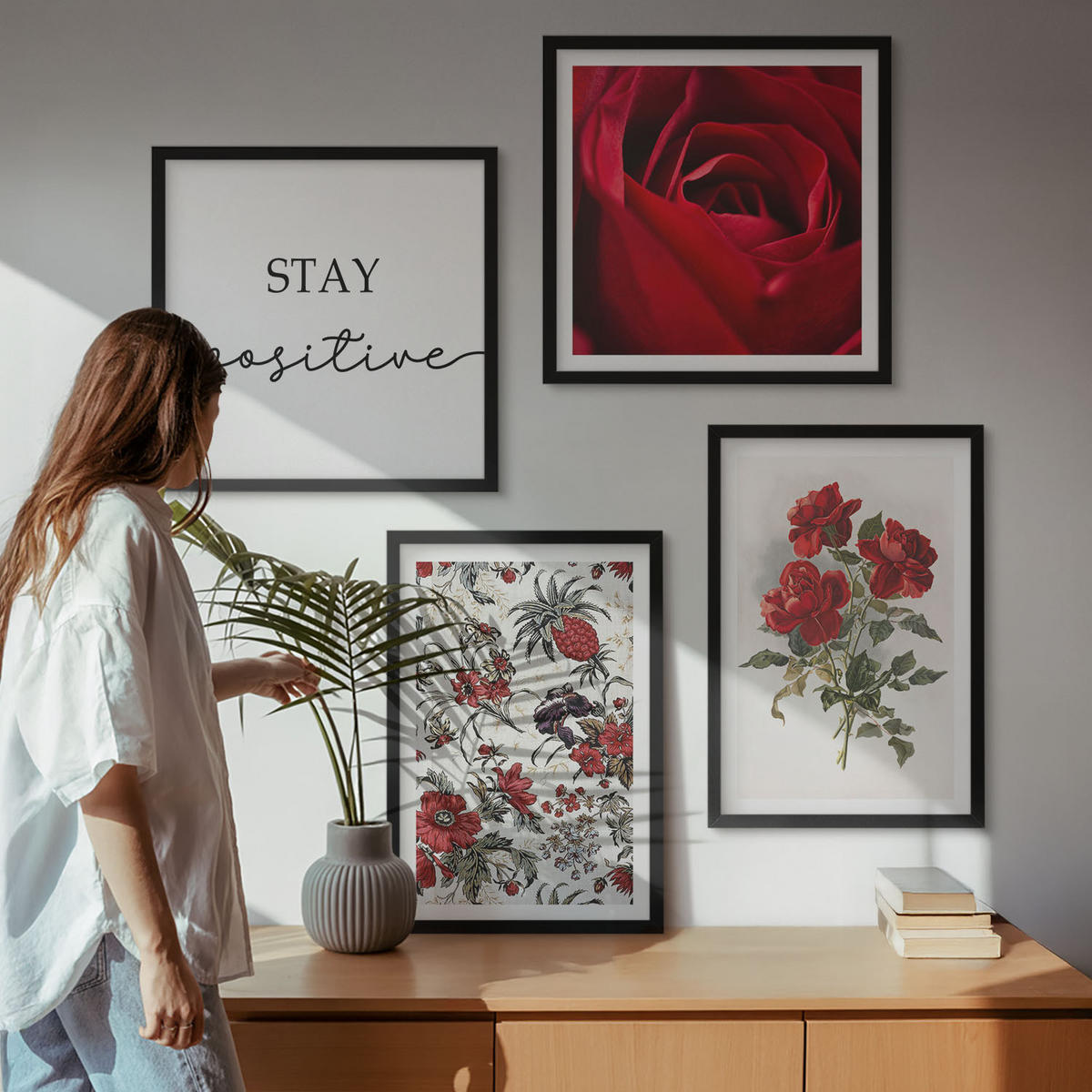 BILDER SET 4er Set - 50x50 cm & 40x60 cm Schwarzer Rahmen - Inschrift mit roten Rosen - Schwarz, Kunststoff (50/50cm) - TULUP