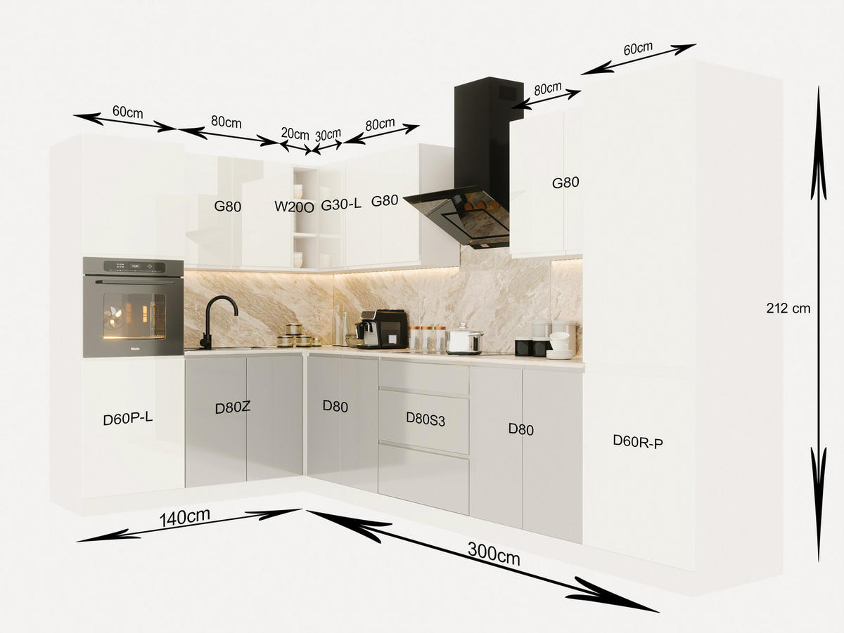 ECKKÜCHE 300x140 cm Glanzia – KU-S08 – Weiß / Grau – Hochglanz - Weiß Hochglanz/Grau, Holzwerkstoff (300/212/140cm) - hi-markt