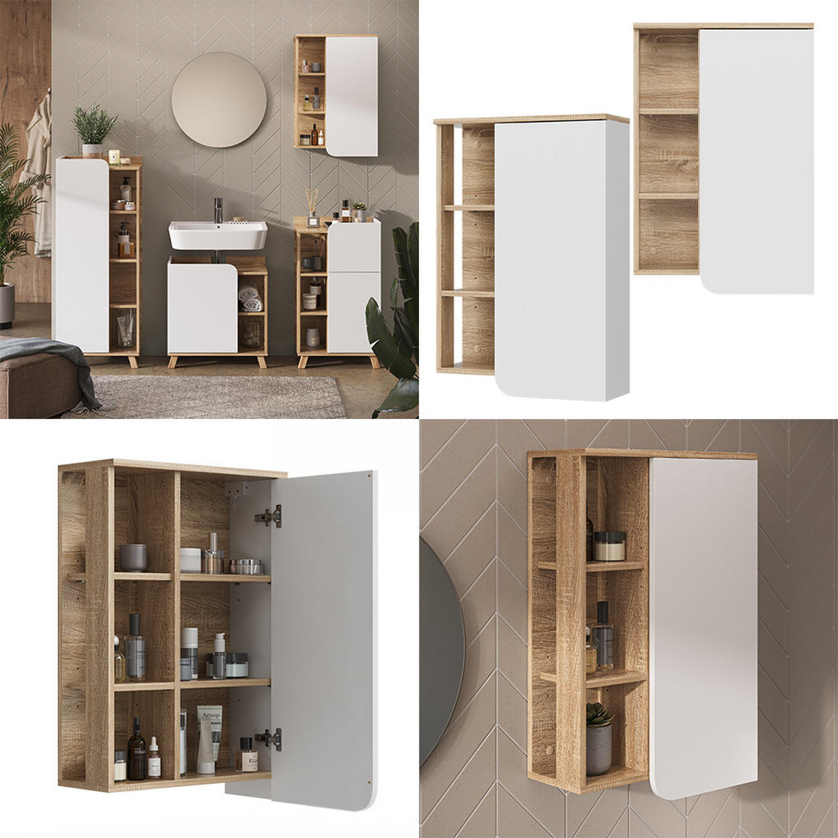 BADSCHRANK Karen Sonoma/Weiß 50 x 75 cm mit Tür und offenen Fächern - Weiß/Sonoma Eiche, Holzwerkstoff (50/75/20cm) - Vicco